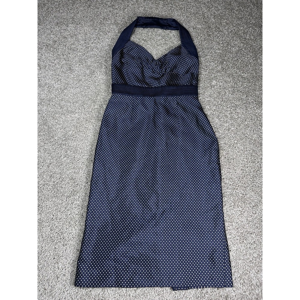 Vtg ALEXANDER MCQUEEN 2006 NAVY BLUE POLKA DOT SILK HALTER DRESS Size 42 M/8 EUC